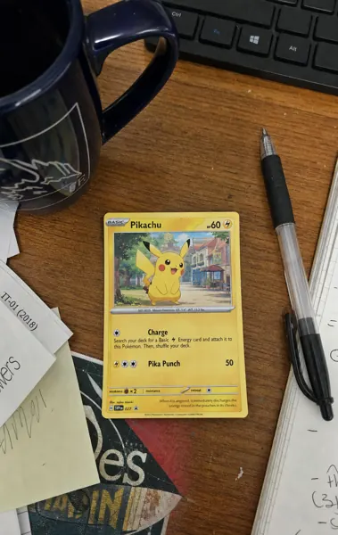 Bad example: card on a cluttered desk with mug, keyboard, and papers
